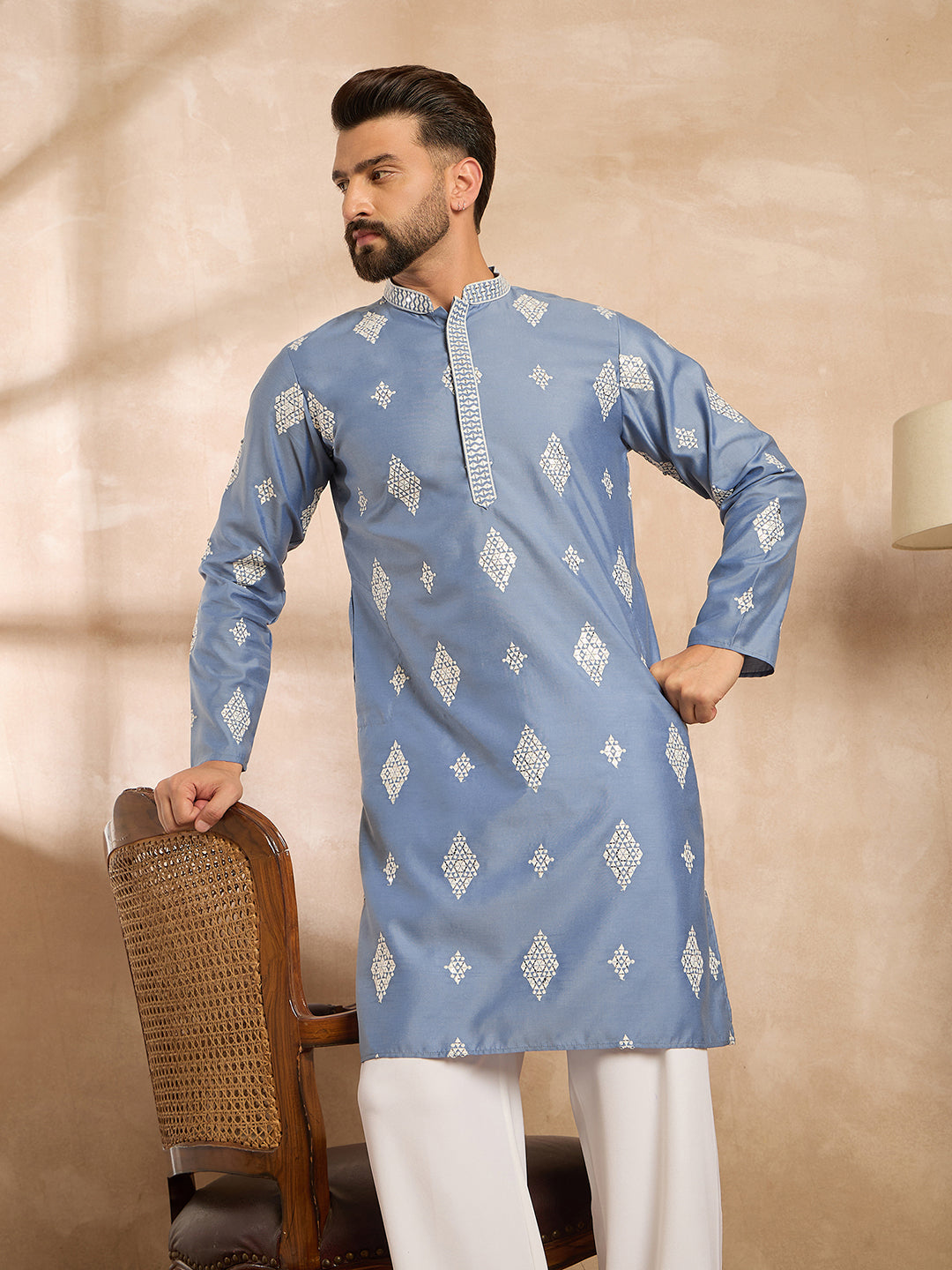 Ethnic Bay Men Blue Silk Blend Solid Embroidered Straight Kurta Sets