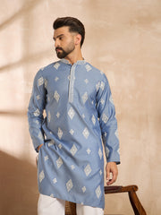 Ethnic Bay Men Blue Silk Blend Solid Embroidered Straight Kurta Sets-MKSET1778