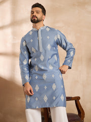 Ethnic Bay Men Blue Silk Blend Solid Embroidered Straight Kurta Sets-MKSET1778