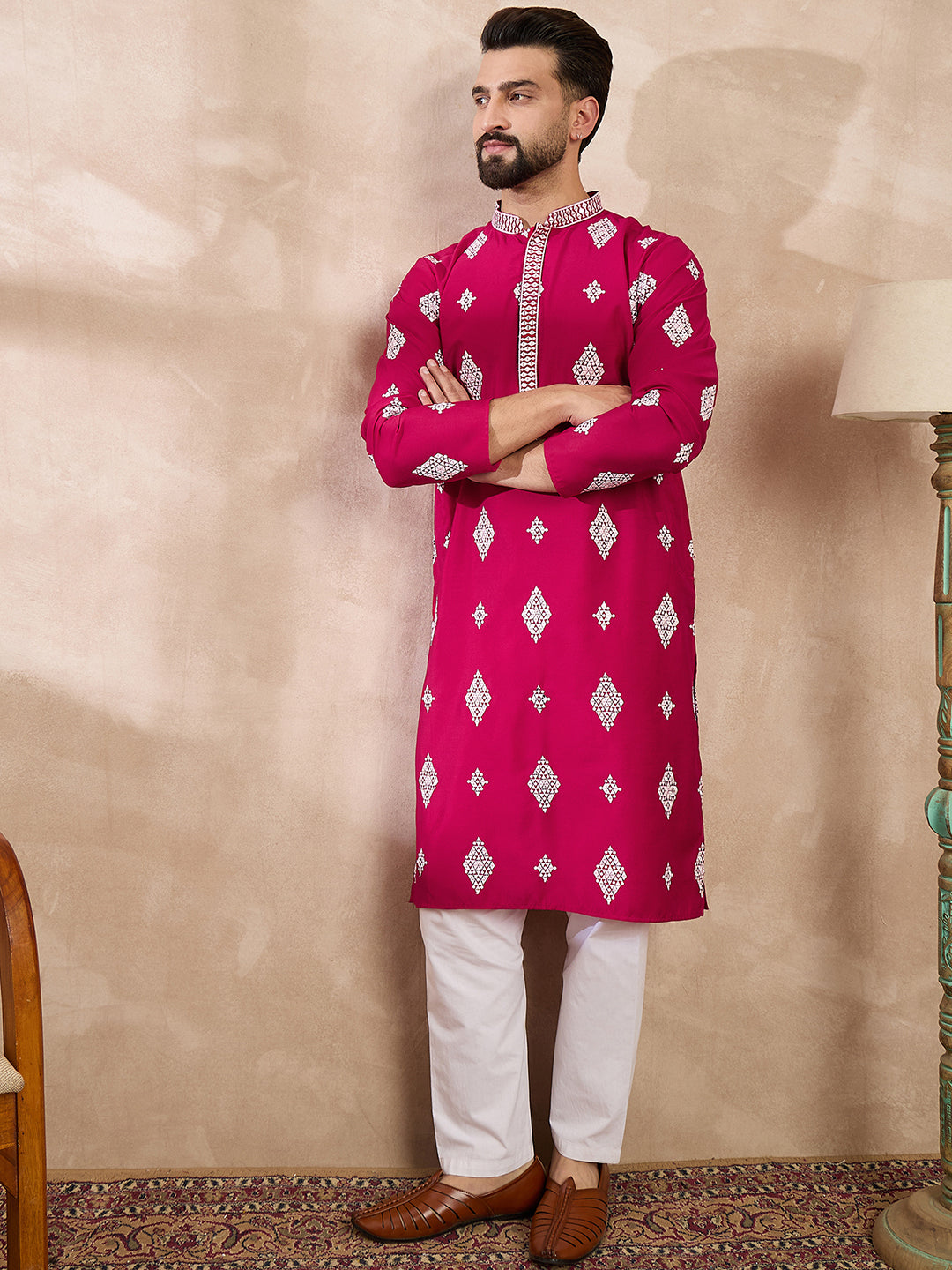 Ethnic Bay Men Maroon Silk Blend Solid Embroidered Straight Kurta With Trouser