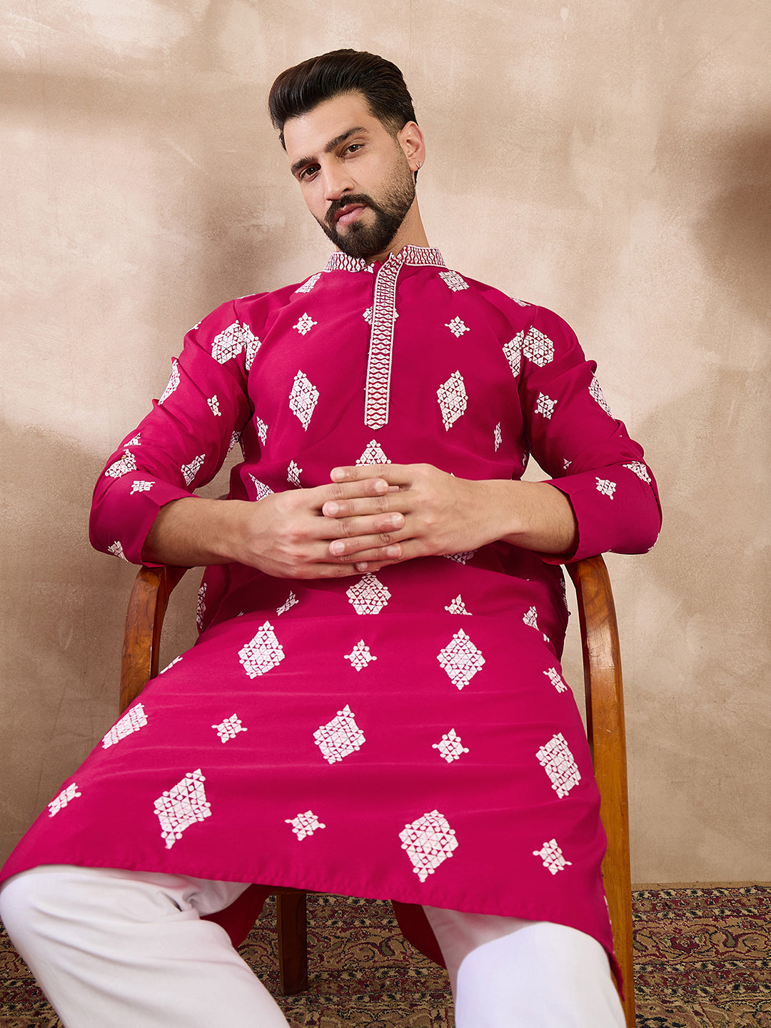 Ethnic Bay Men Maroon Silk Blend Solid Embroidered Straight Kurta With Trouser