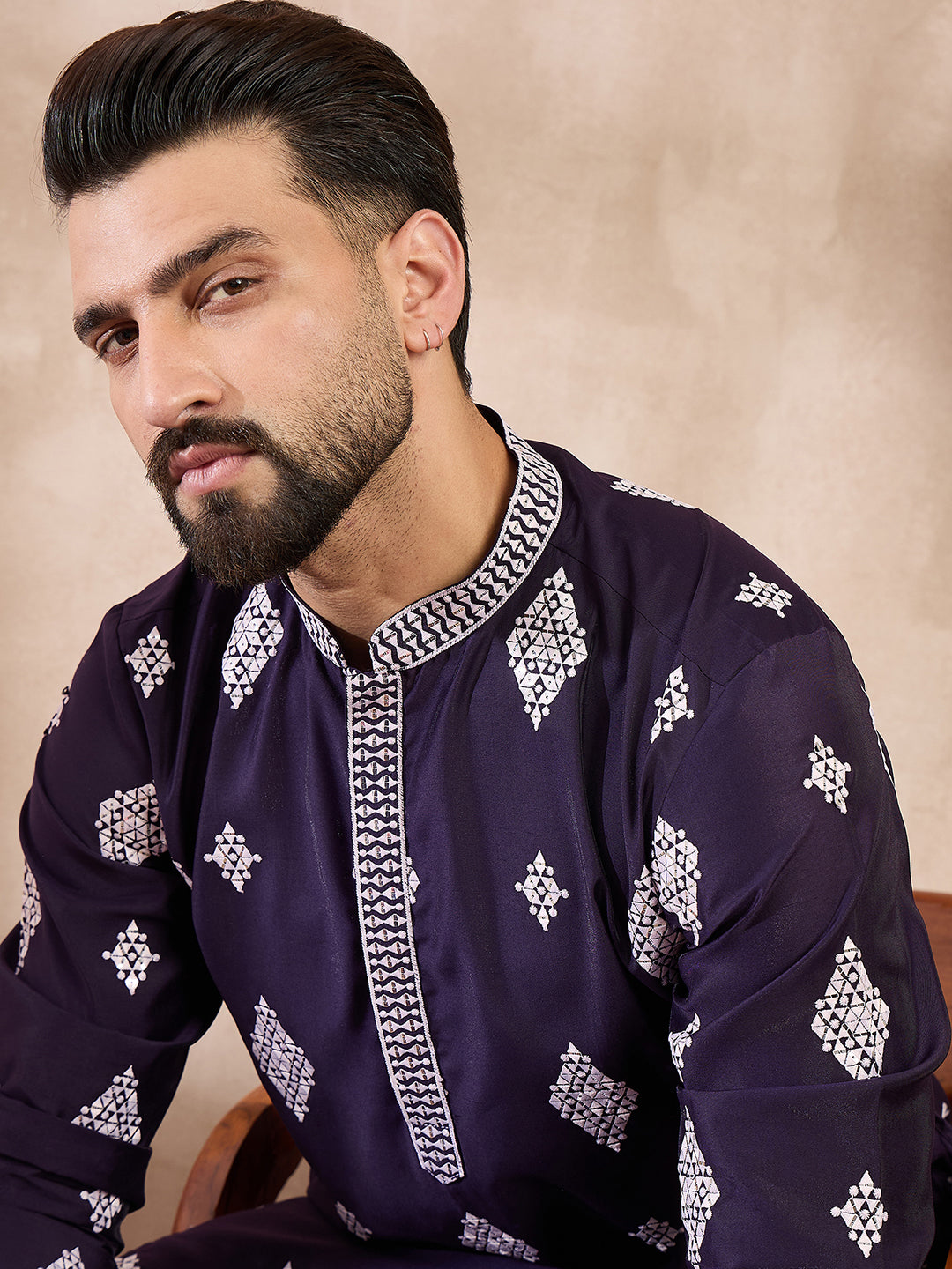 Ethnic Bay Men Purple Silk Blend Solid Embroidered Straight Kurta With Trouser-MKSET1780