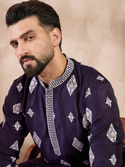 Ethnic Bay Men Purple Silk Blend Solid Embroidered Straight Kurta With Trouser-MKSET1780