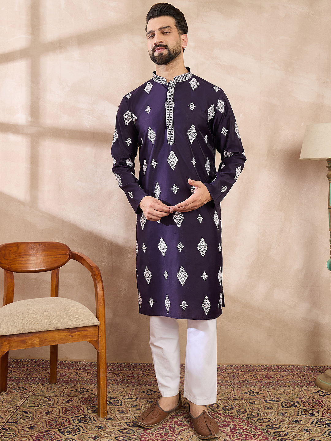Ethnic Bay Men Purple Silk Blend Solid Embroidered Straight Kurta With Trouser