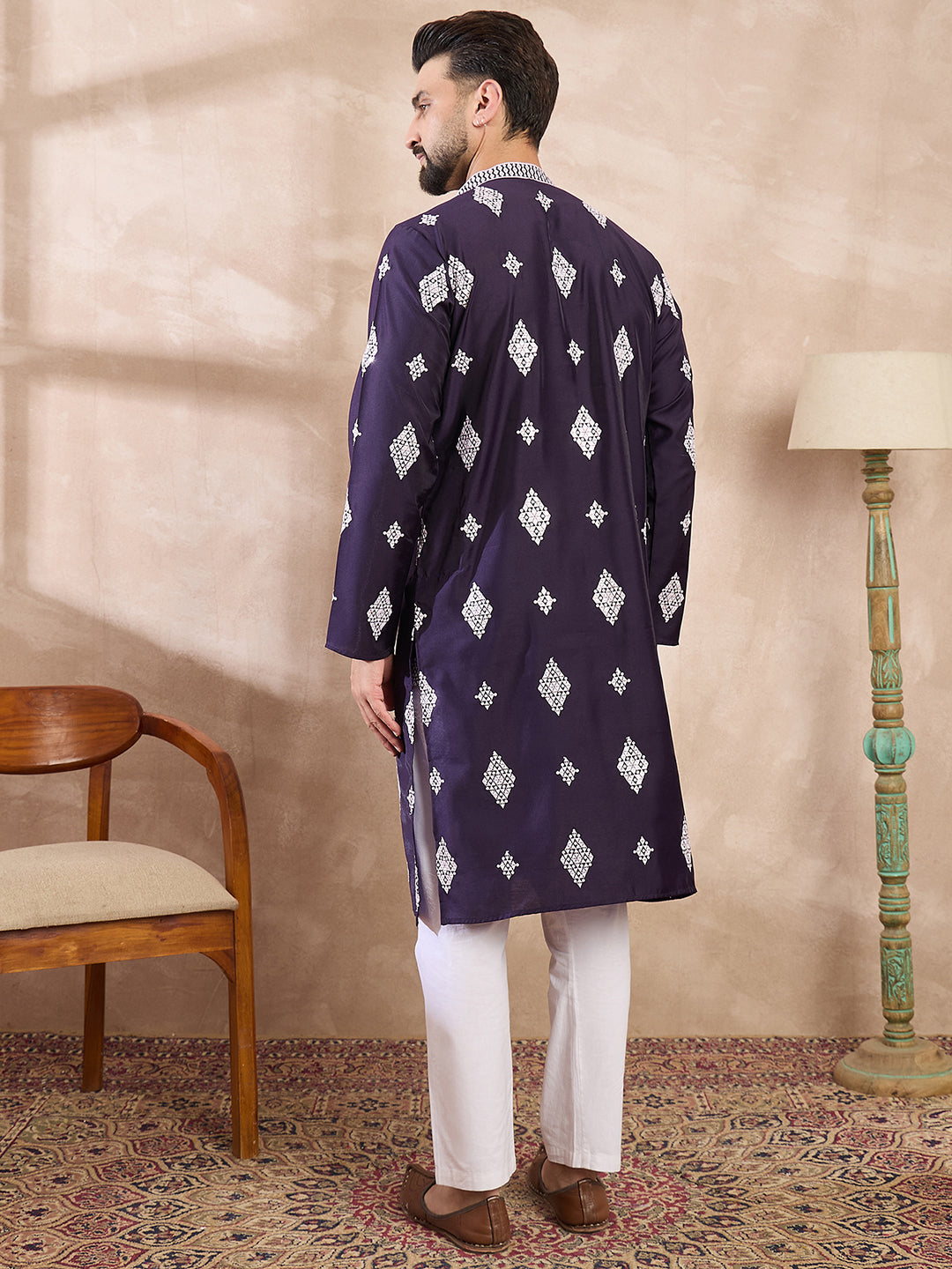 Ethnic Bay Men Purple Silk Blend Solid Embroidered Straight Kurta With Trouser