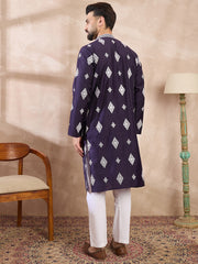Ethnic Bay Men Purple Silk Blend Solid Embroidered Straight Kurta With Trouser-MKSET1780
