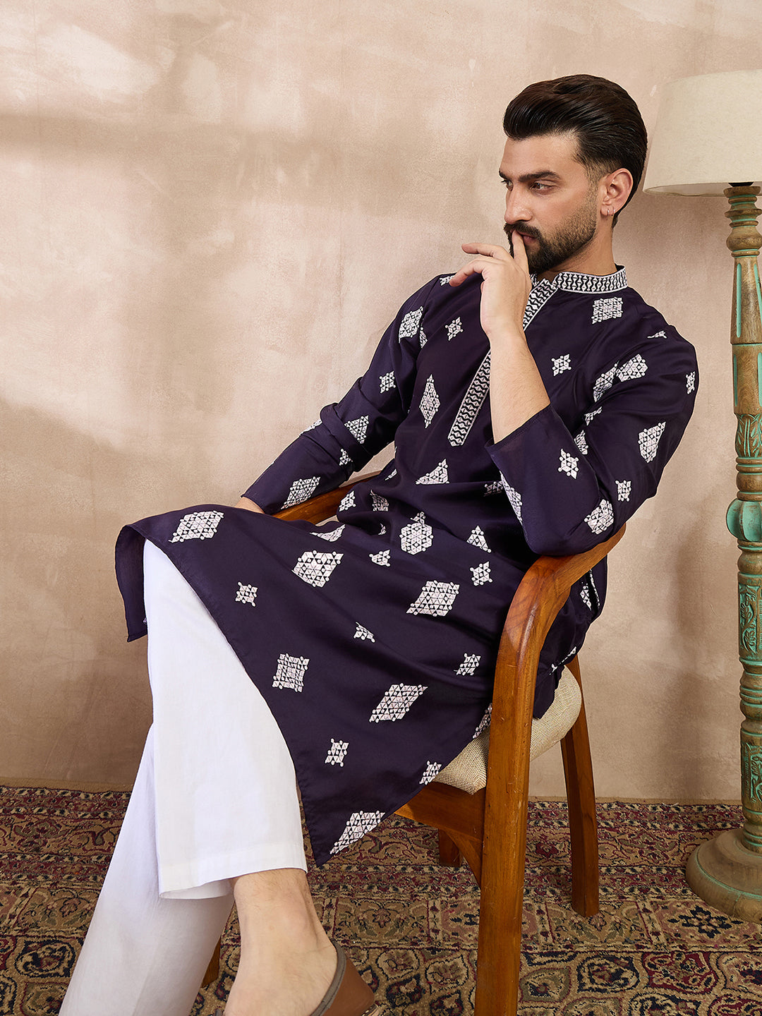 Ethnic Bay Men Purple Silk Blend Solid Embroidered Straight Kurta With Trouser