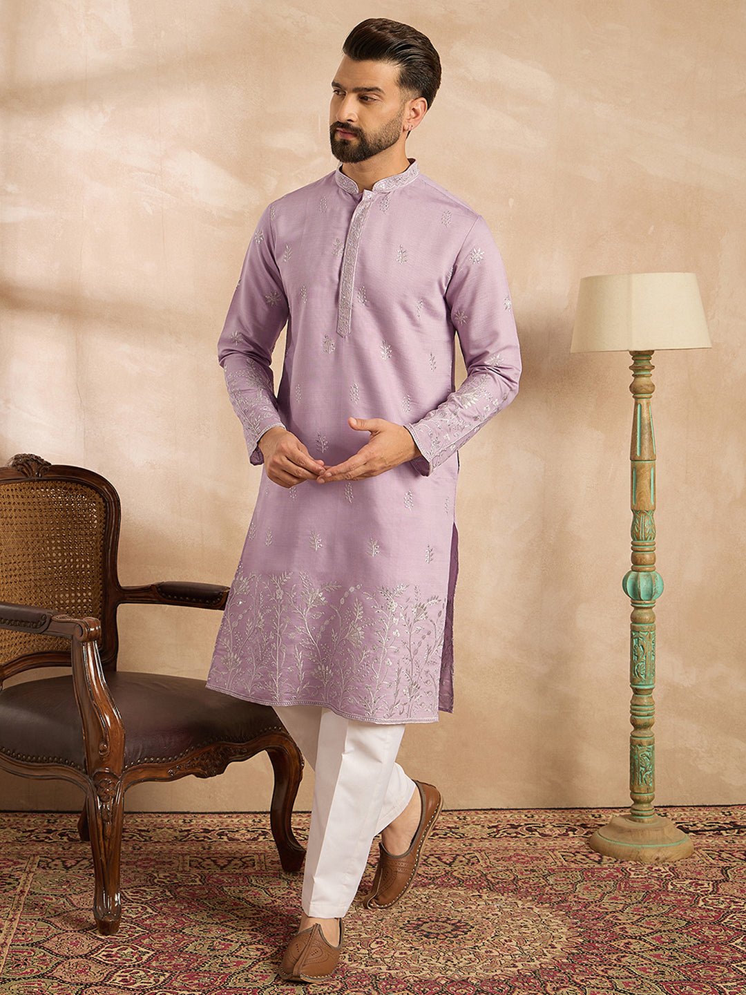 Ethnic Bay Men Lavender Silk Blend Floral Embroidered Straight Kurta Sets