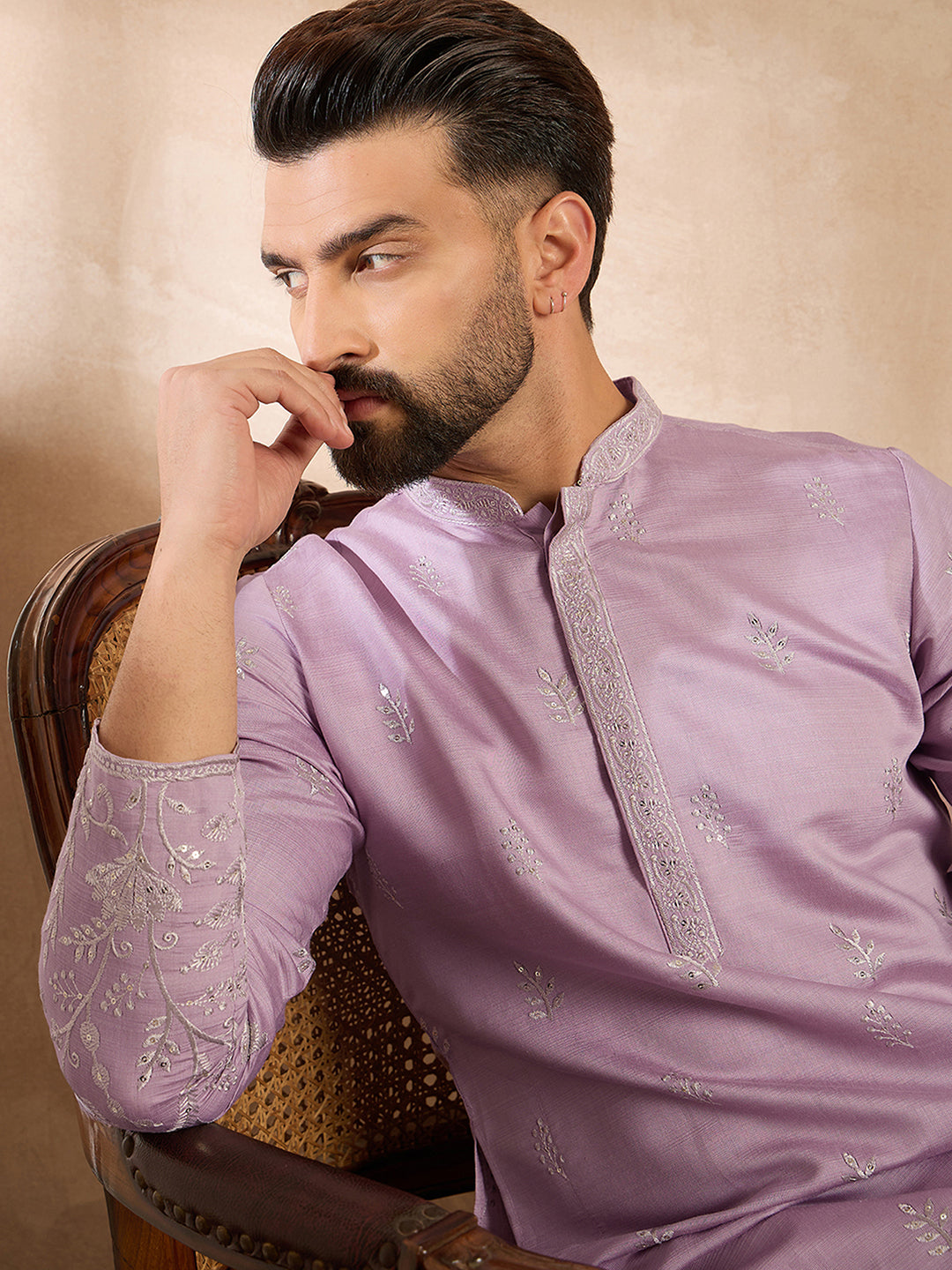 Ethnic Bay Men Lavender Silk Blend Floral Embroidered Straight Kurta Sets