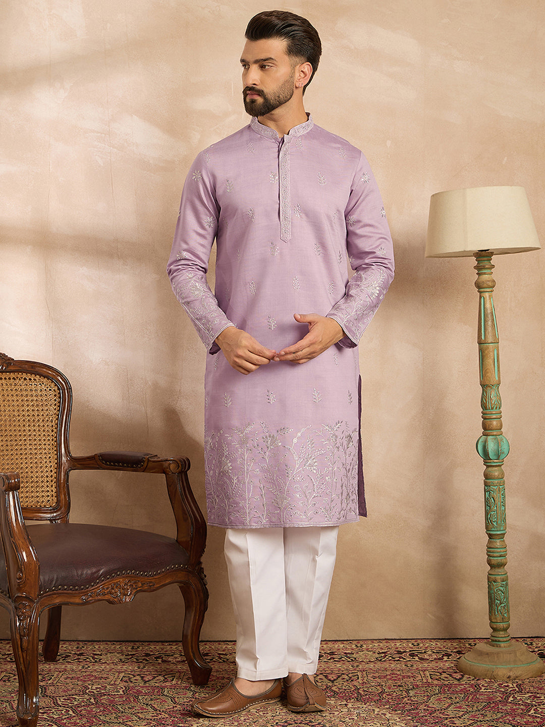 Ethnic Bay Men Lavender Silk Blend Floral Embroidered Straight Kurta Sets
