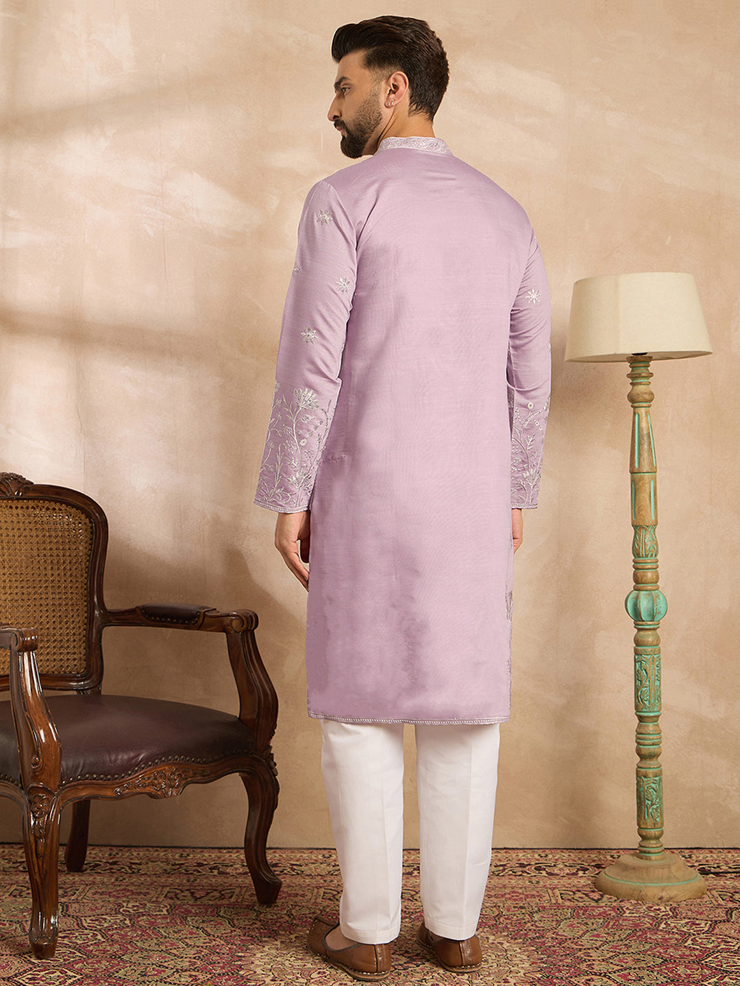 Ethnic Bay Men Lavender Silk Blend Floral Embroidered Straight Kurta Sets