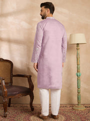 Ethnic Bay Men Lavender Silk Blend Floral Embroidered Straight Kurta Sets-MKSET1781