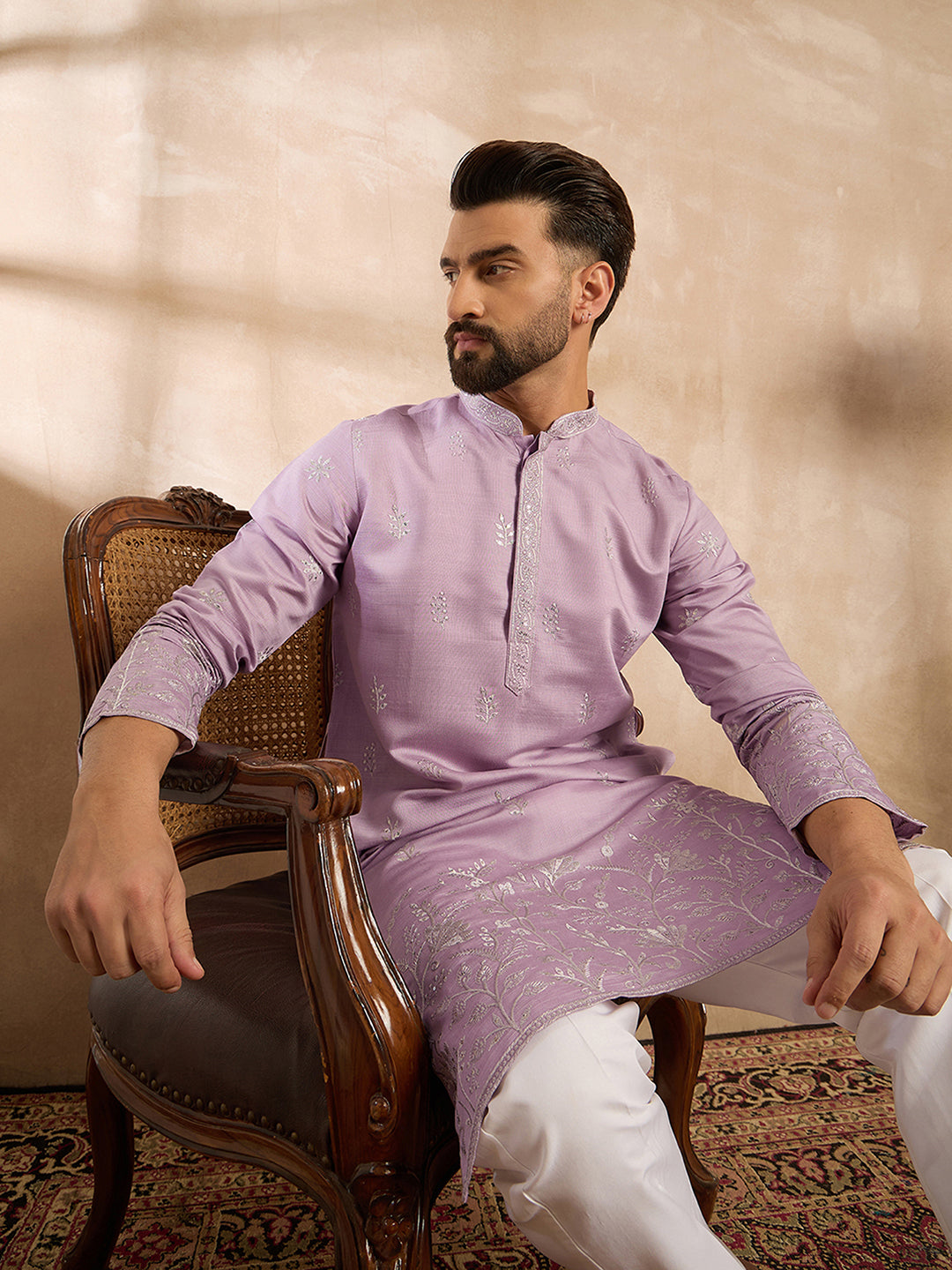 Ethnic Bay Men Lavender Silk Blend Floral Embroidered Straight Kurta Sets