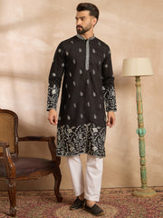 Ethnic Bay Men Black Silk Blend Solid Embroidered Straight Kurta Sets-MKSET1782