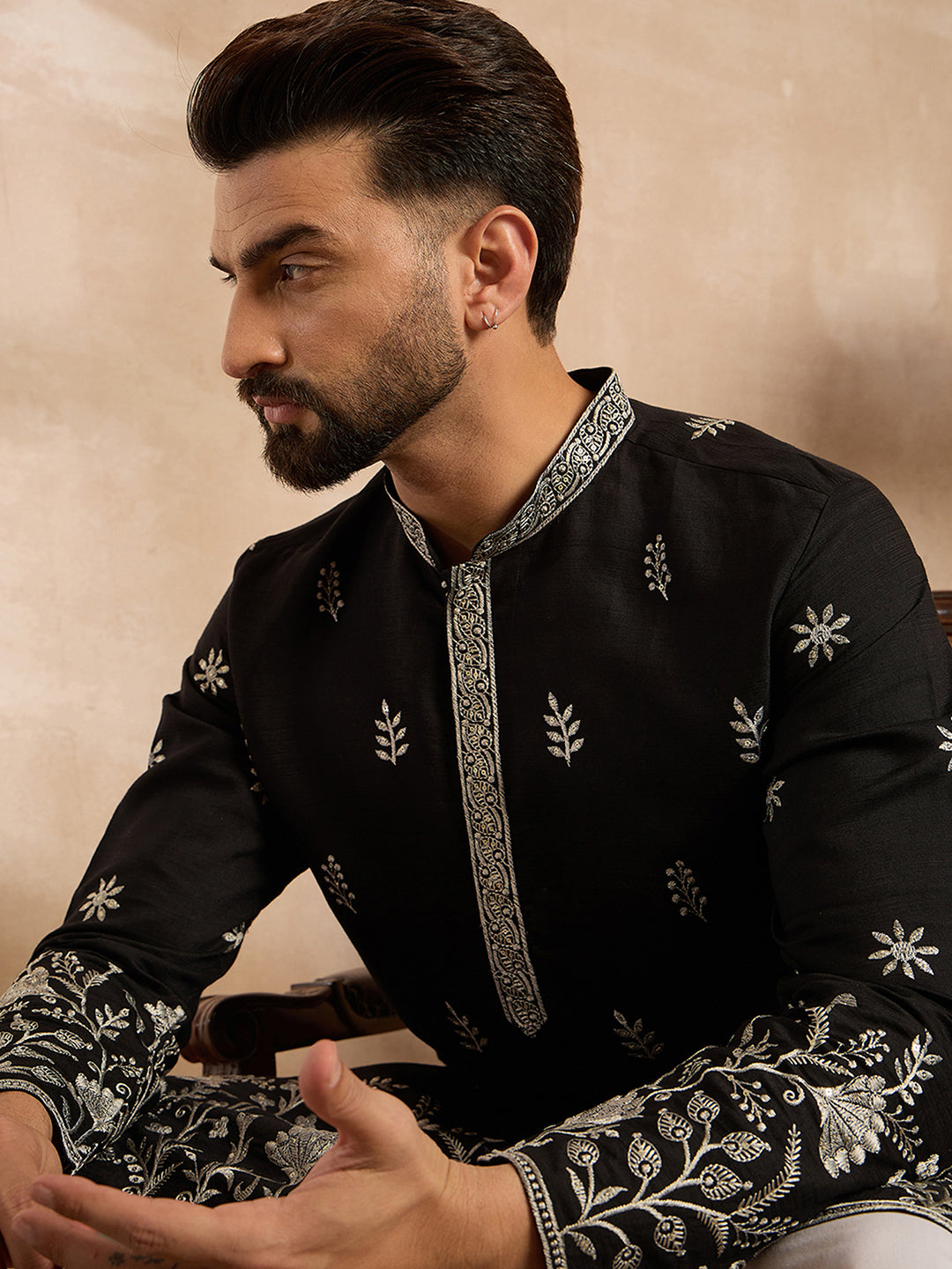 Ethnic Bay Men Black Silk Blend Solid Embroidered Straight Kurta Sets