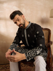 Ethnic Bay Men Black Silk Blend Solid Embroidered Straight Kurta Sets-MKSET1782