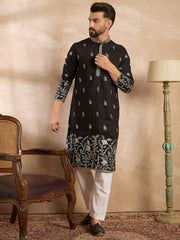 Ethnic Bay Men Black Silk Blend Solid Embroidered Straight Kurta Sets-MKSET1782
