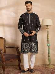Ethnic Bay Men Black Silk Blend Solid Embroidered Straight Kurta Sets-MKSET1782