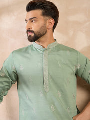 Ethnic Bay Men Green Silk Blend Solid Embroidered Straight Kurta Sets-MKSET1783