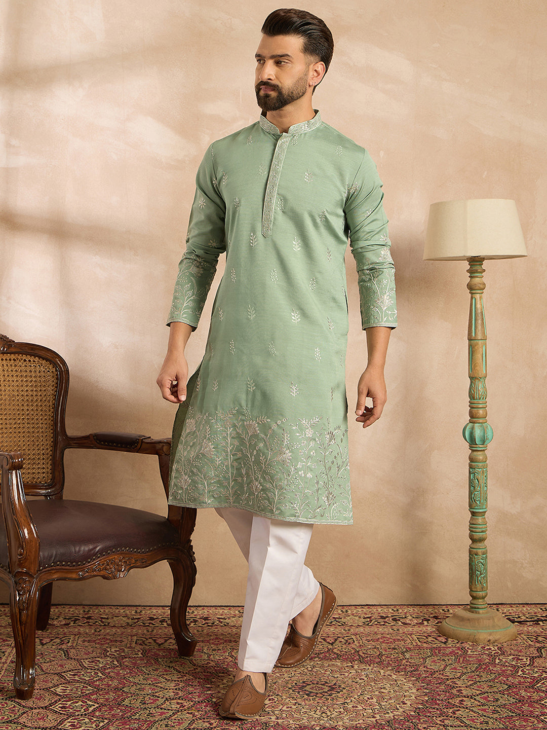 Ethnic Bay Men Green Silk Blend Solid Embroidered Straight Kurta Sets