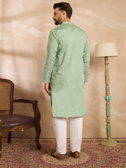 Ethnic Bay Men Green Silk Blend Solid Embroidered Straight Kurta Sets-MKSET1783