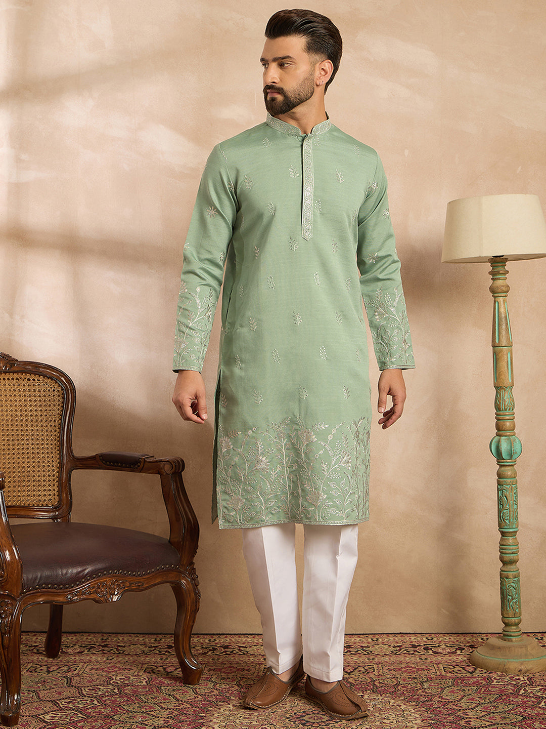 Ethnic Bay Men Green Silk Blend Solid Embroidered Straight Kurta Sets