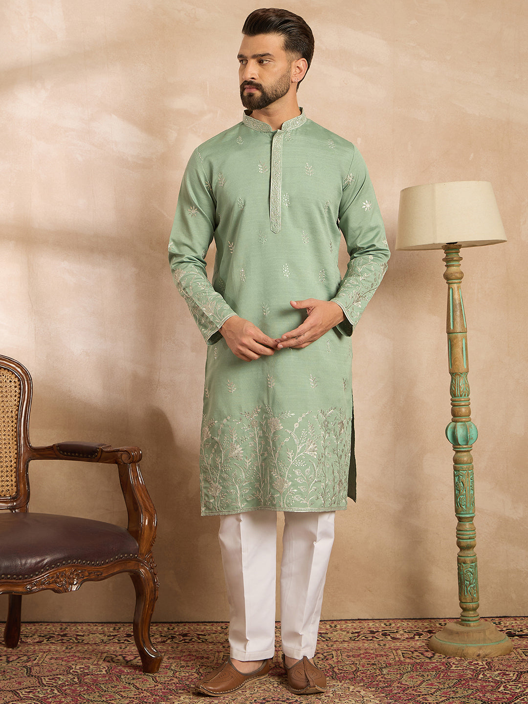 Ethnic Bay Men Green Silk Blend Solid Embroidered Straight Kurta Sets