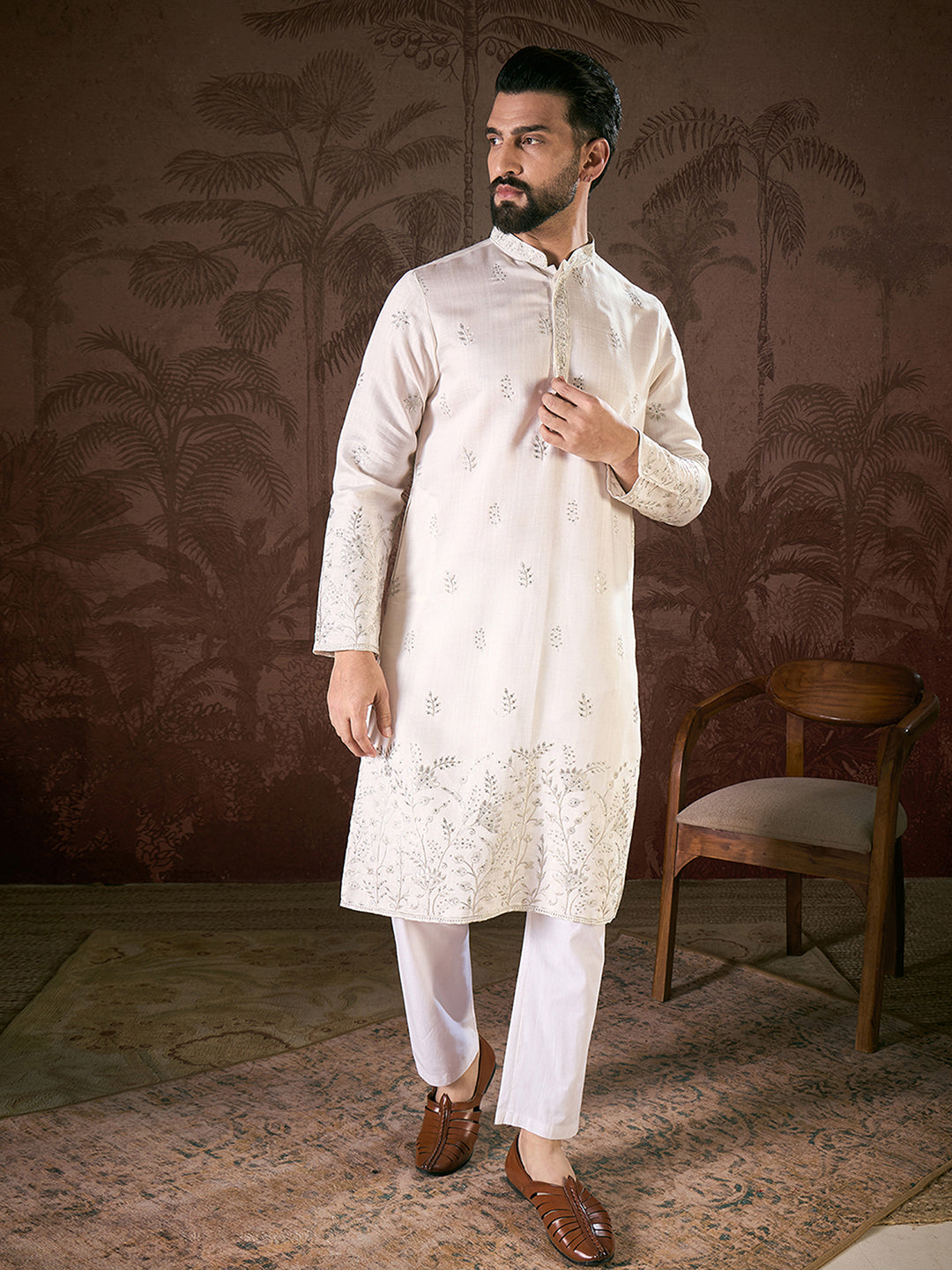 Ethnic Bay Men White Silk Blend Floral Embroidered Straight Kurta With Trouser