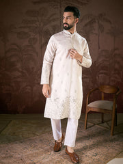 Ethnic Bay Men White Silk Blend Floral Embroidered Straight Kurta With Trouser-MKSET1784
