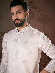 Ethnic Bay Men White Silk Blend Floral Embroidered Straight Kurta With Trouser-MKSET1784