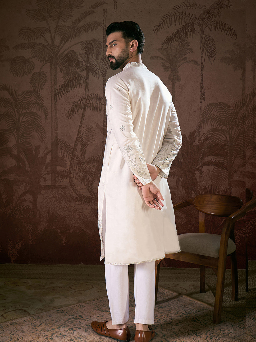Ethnic Bay Men White Silk Blend Floral Embroidered Straight Kurta With Trouser