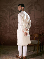 Ethnic Bay Men White Silk Blend Floral Embroidered Straight Kurta With Trouser-MKSET1784