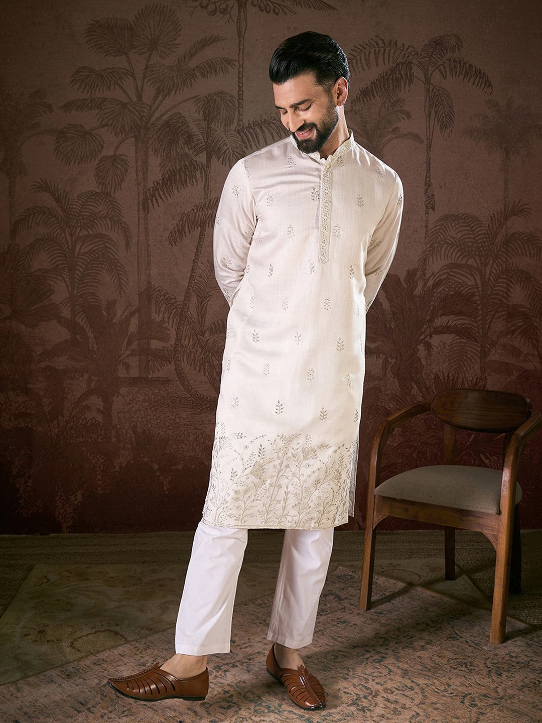 Ethnic Bay Men White Silk Blend Floral Embroidered Straight Kurta With Trouser