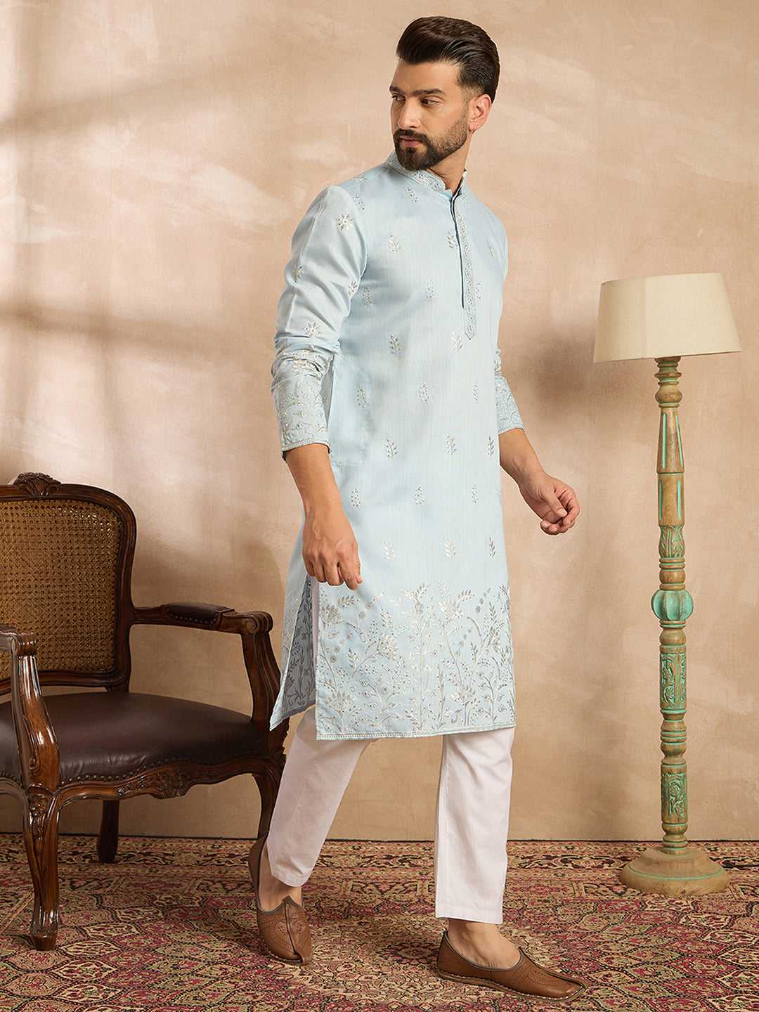 Ethnic Bay Men Blue Silk Blend Solid Embroidered Straight Kurta Sets