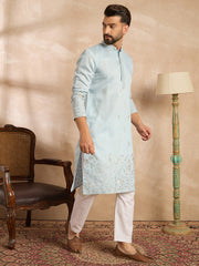 Ethnic Bay Men Blue Silk Blend Solid Embroidered Straight Kurta Sets-MKSET1785