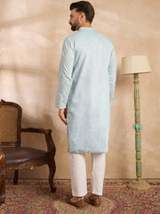 Ethnic Bay Men Blue Silk Blend Solid Embroidered Straight Kurta Sets-MKSET1785