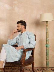Ethnic Bay Men Blue Silk Blend Solid Embroidered Straight Kurta Sets-MKSET1785