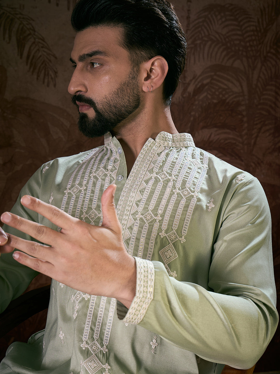 Ethnic Bay Men Green Silk Blend Solid Embroidered Straight Kurta With Trouser