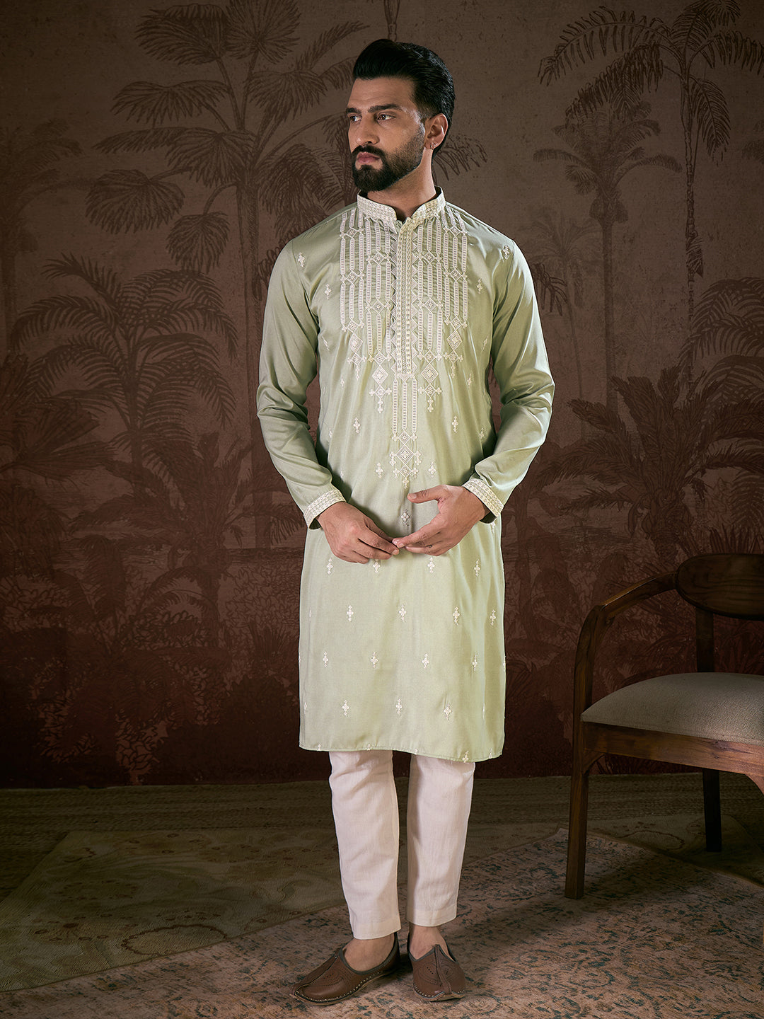 Ethnic Bay Men Green Silk Blend Solid Embroidered Straight Kurta With Trouser