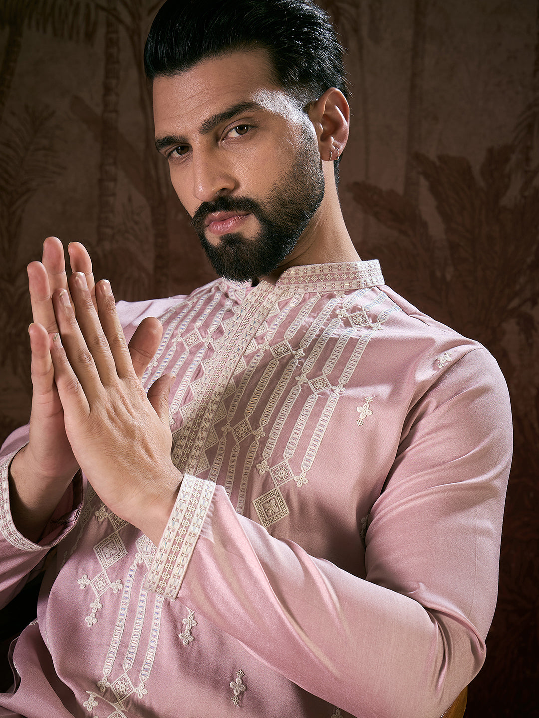 Ethnic Bay Men Pink Silk Blend Solid Embroidered Straight Kurta With Trouser-MKSET1788