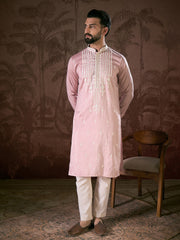 Ethnic Bay Men Pink Silk Blend Solid Embroidered Straight Kurta With Trouser-MKSET1788