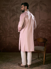 Ethnic Bay Men Pink Silk Blend Solid Embroidered Straight Kurta With Trouser-MKSET1788