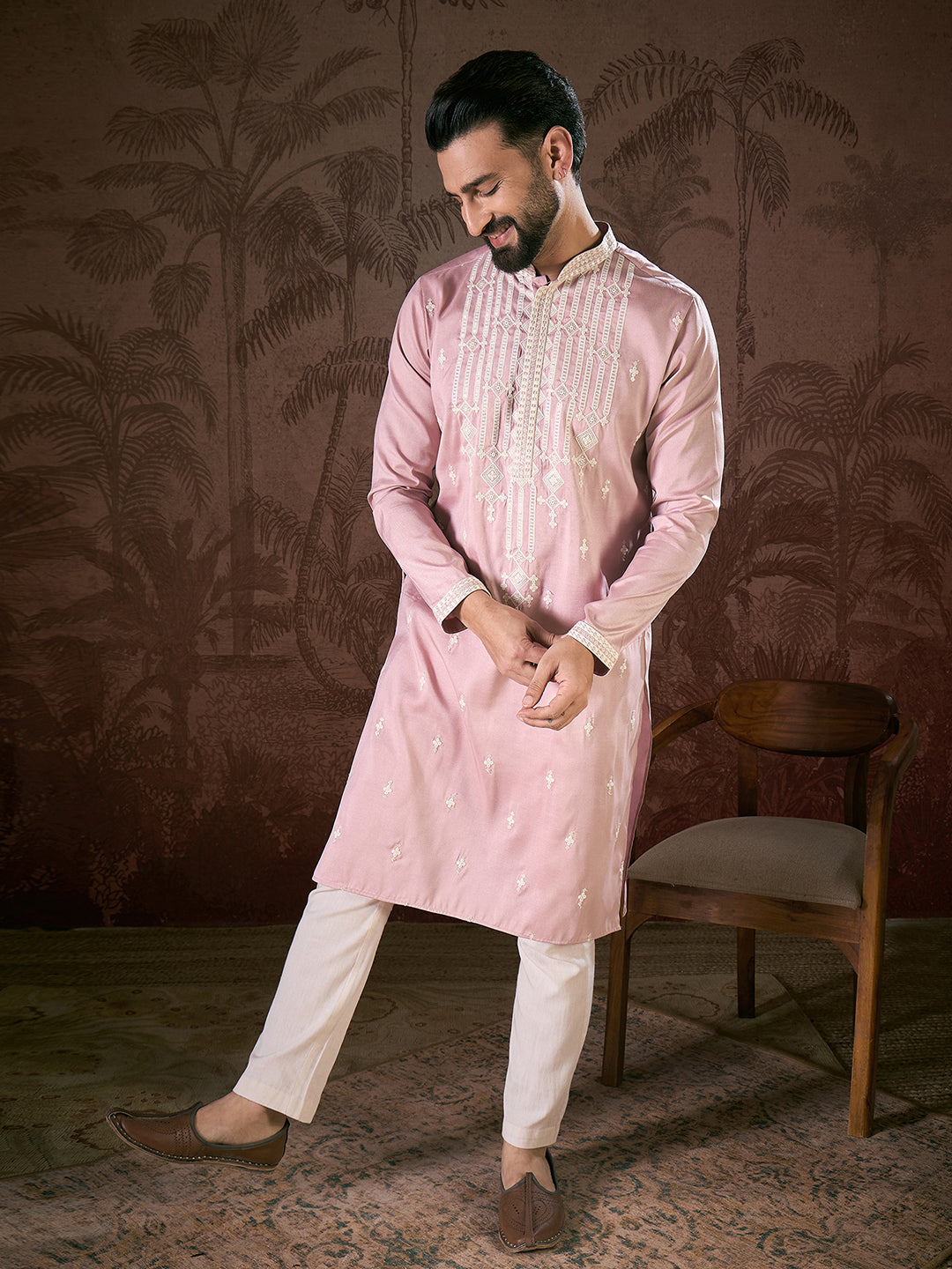 Ethnic Bay Men Pink Silk Blend Solid Embroidered Straight Kurta With Trouser