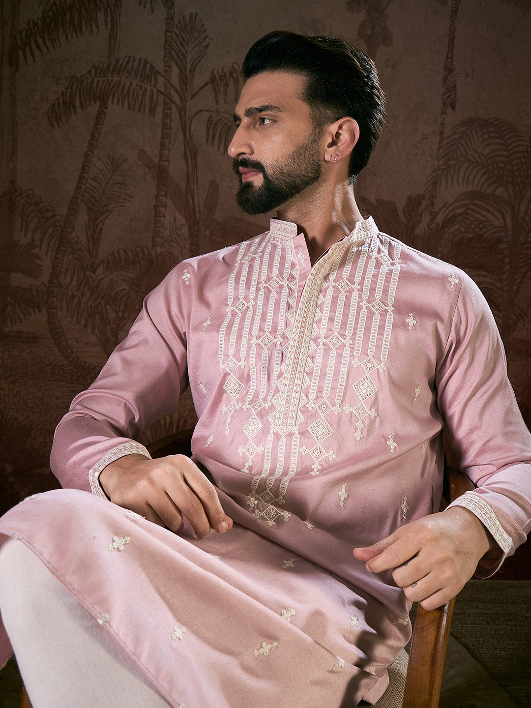 Ethnic Bay Men Pink Silk Blend Solid Embroidered Straight Kurta With Trouser