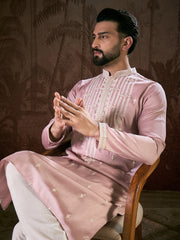 Ethnic Bay Men Pink Silk Blend Solid Embroidered Straight Kurta With Trouser-MKSET1788