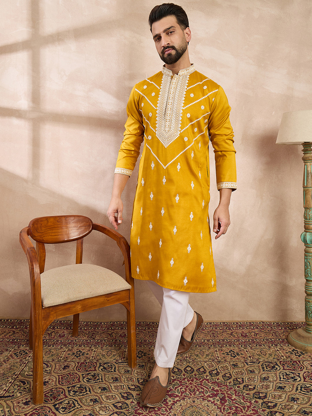 Ethnic Bay Men Yellow Silk Blend Ethnic Motifs Embroidered Straight Kurta With Trouser