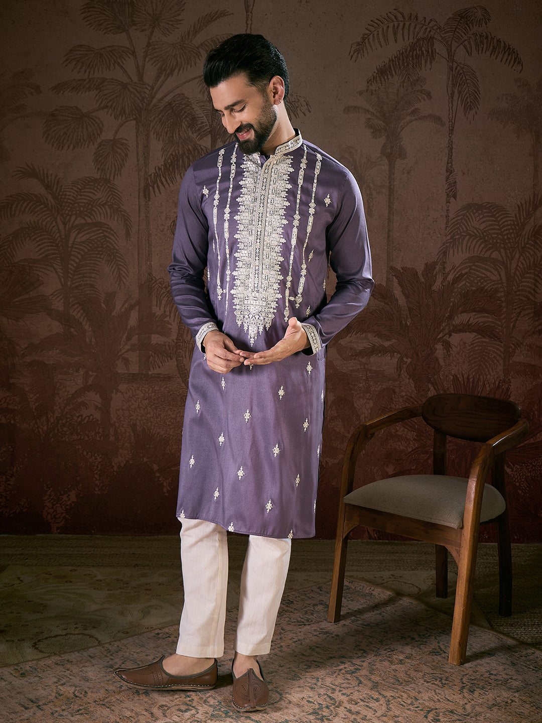 Ethnic Bay Men Lavender Silk Blend Solid Embroidered Straight Kurta With Trouser