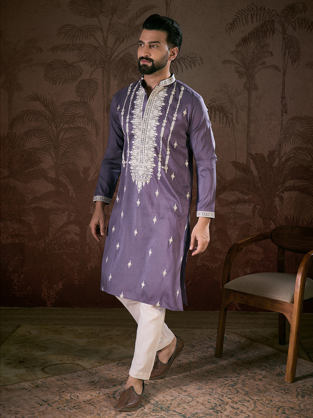 Ethnic Bay Men Lavender Silk Blend Solid Embroidered Straight Kurta With Trouser
