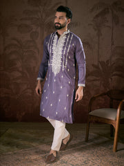 Ethnic Bay Men Lavender Silk Blend Solid Embroidered Straight Kurta With Trouser-MKSET1792