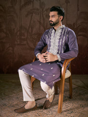 Ethnic Bay Men Lavender Silk Blend Solid Embroidered Straight Kurta With Trouser-MKSET1792